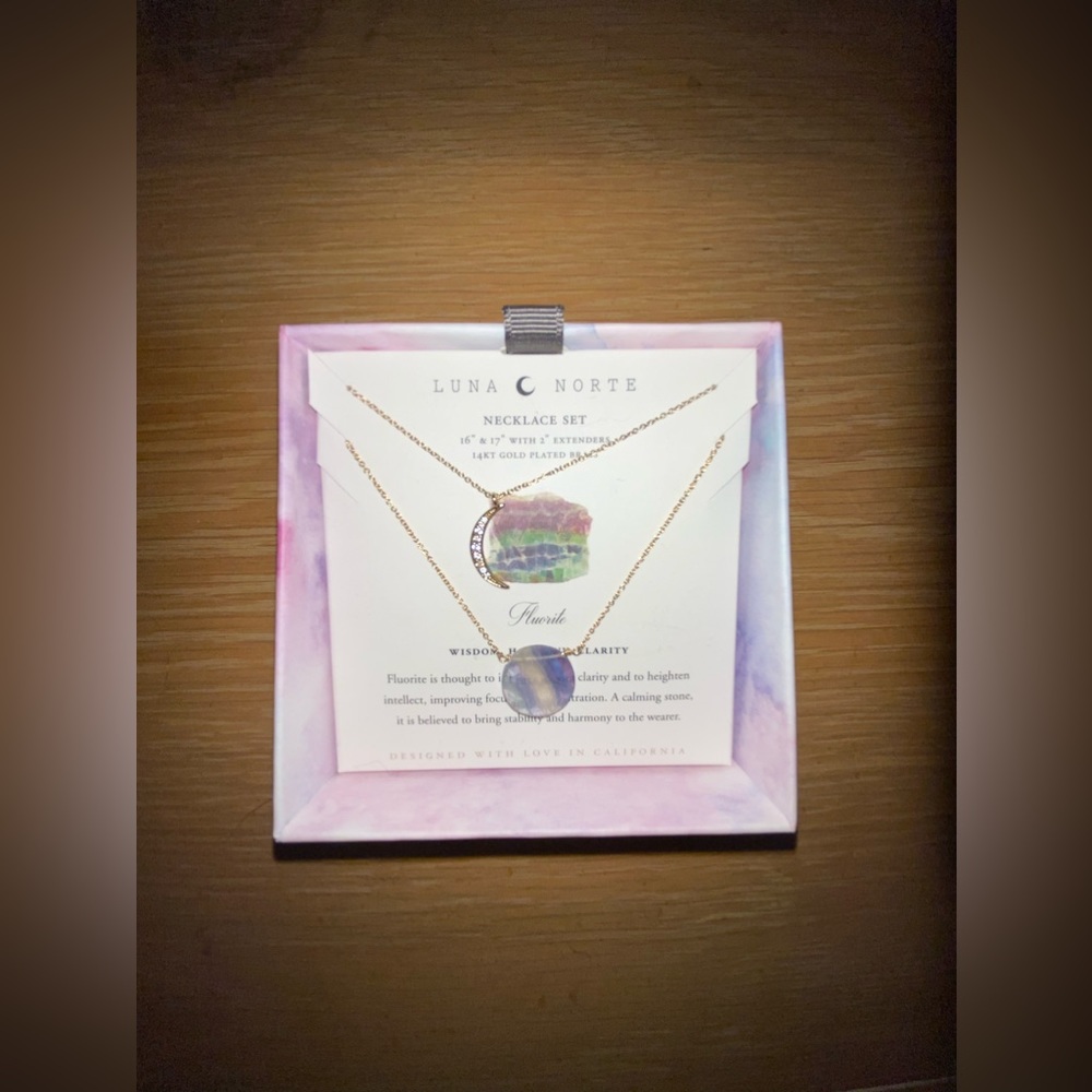 LUNA NORTE NECKLACE, CRESCENT MOON AND FLUORITE STONE, GOLD, NEW